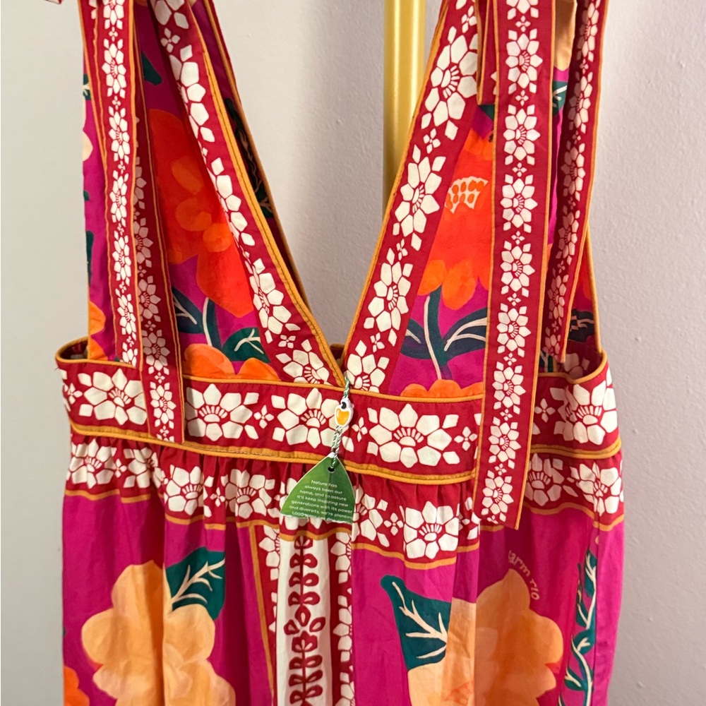 Farm Rio Fuchsia & Orange Floral Tie-Shoulder Midi Dress Size L - Picture 3 of 5